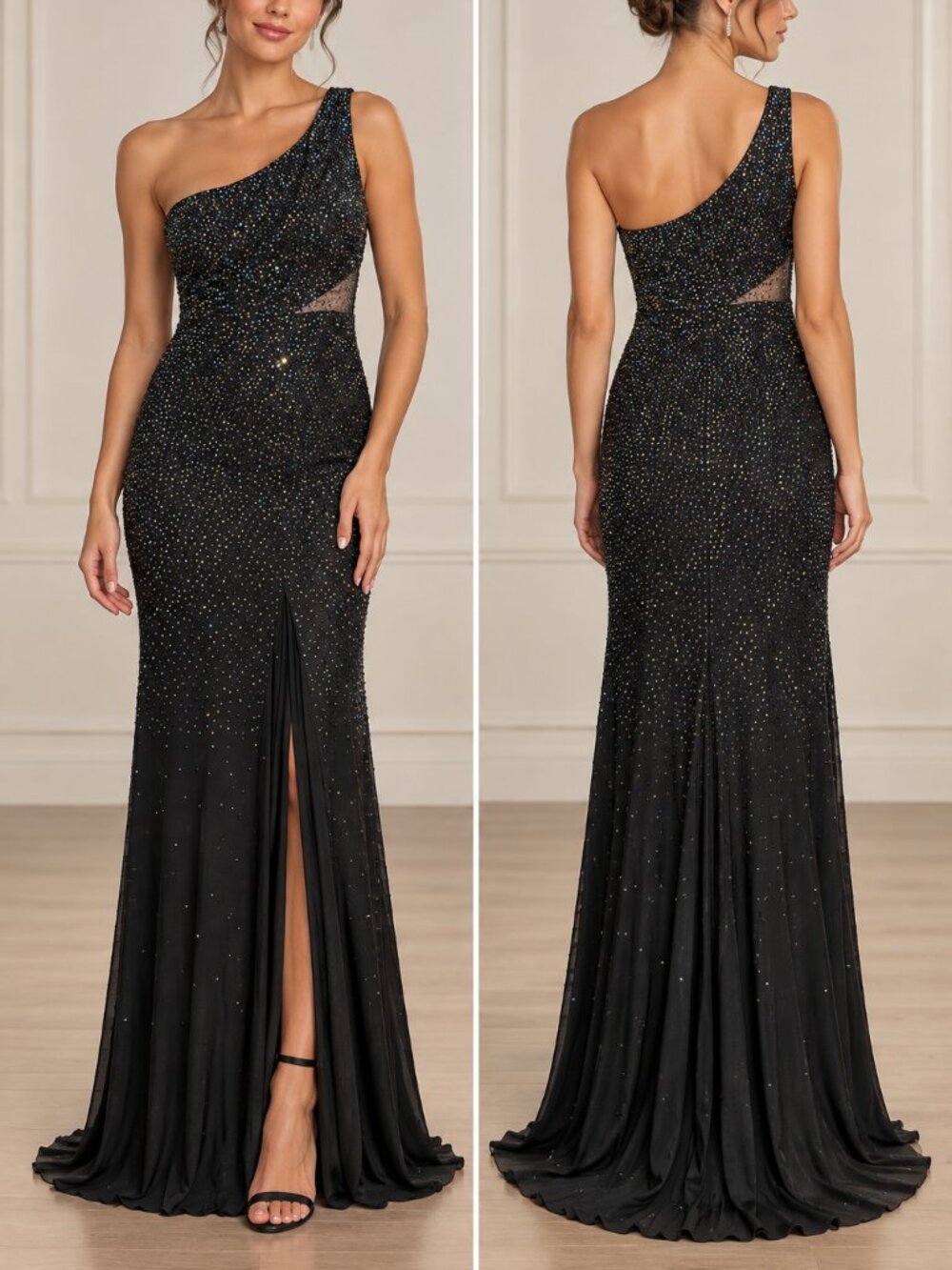 Size 6 NWT COLORS Dress 2647 Black Green Rhinestone One Shoulder Formal Gown